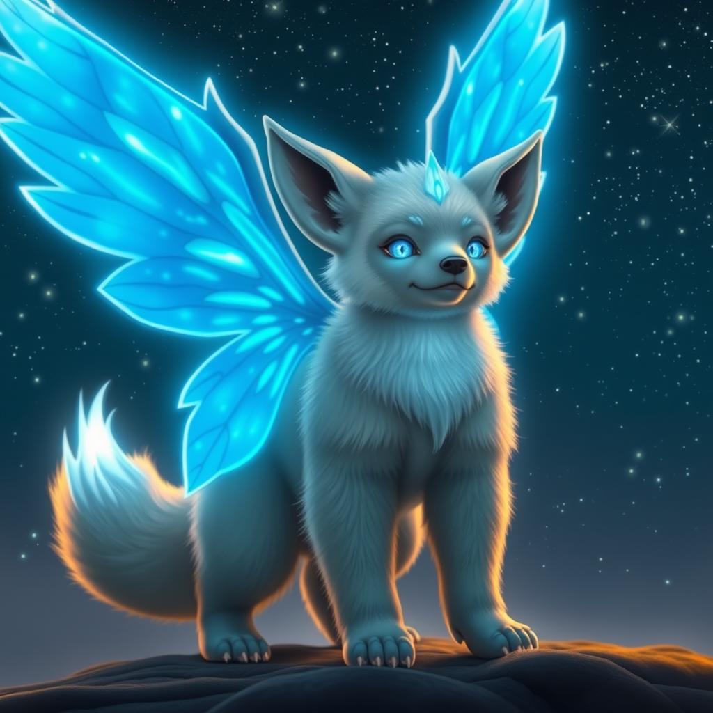 A glowing blue angelic beast that combines the features of a fennec fox and a bear, showcasing large, ethereal wings that shimmer with a bright blue luminescence