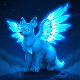 A glowing blue angelic beast that combines the features of a fennec fox and a bear, showcasing large, ethereal wings that shimmer with a bright blue luminescence