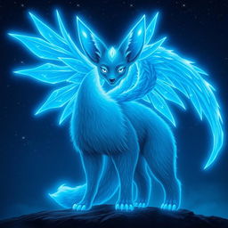 A glowing blue angelic beast that combines the features of a fennec fox and a bear, showcasing large, ethereal wings that shimmer with a bright blue luminescence