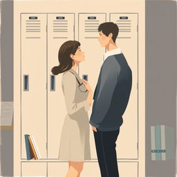 A minimalist and simple painting of a woman and a man making direct eye contact in front of a school locker