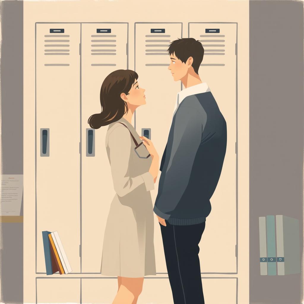 A minimalist and simple painting of a woman and a man making direct eye contact in front of a school locker