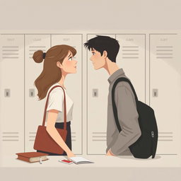 A minimalist and simple painting of a woman and a man making direct eye contact in front of a school locker