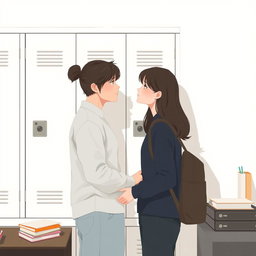 A minimalist and simple painting of a woman and a man making direct eye contact in front of a school locker
