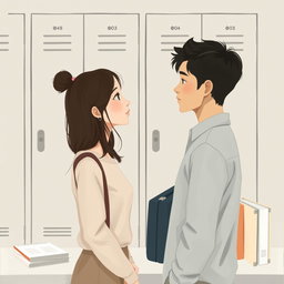 A minimalist and simple painting of a woman and a man making direct eye contact in front of a school locker