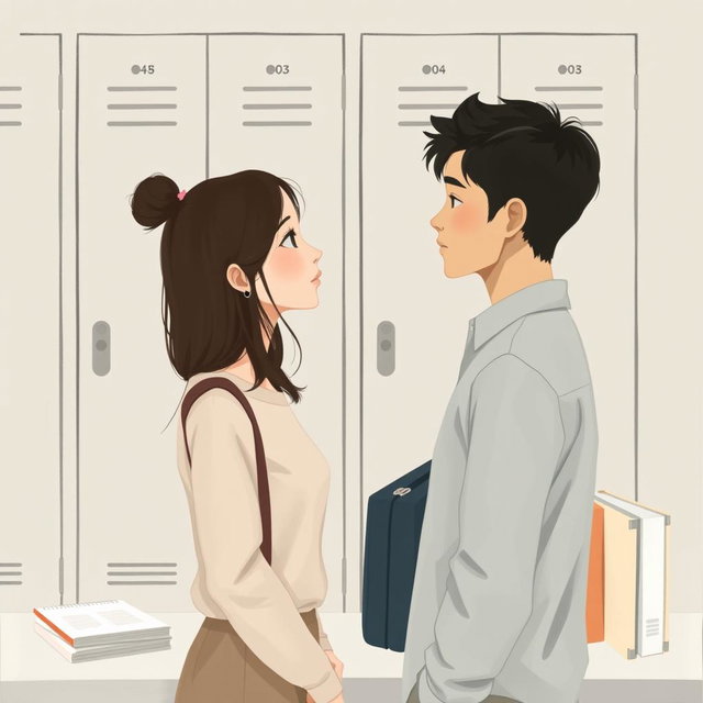 A minimalist and simple painting of a woman and a man making direct eye contact in front of a school locker