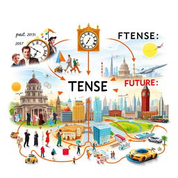 An artistic representation showing various tenses in English language: past, present, and future