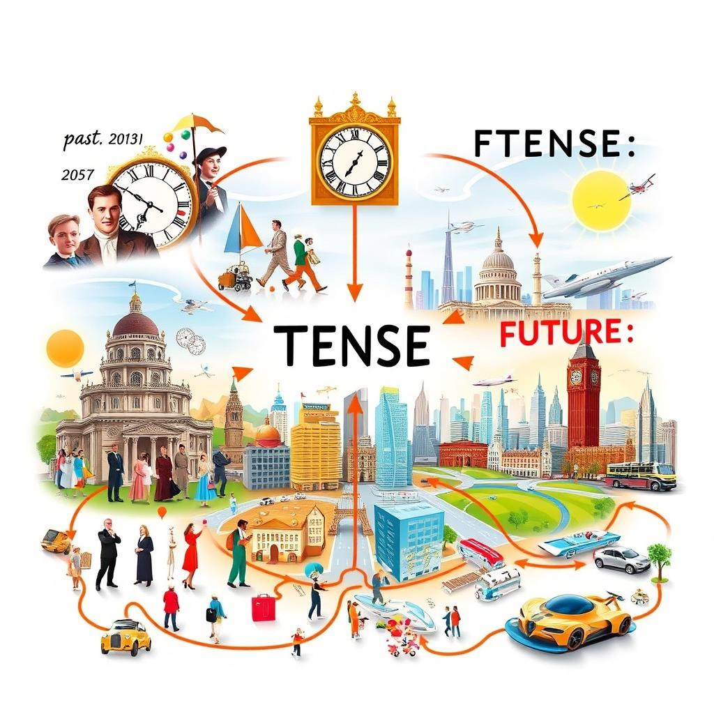 An artistic representation showing various tenses in English language: past, present, and future