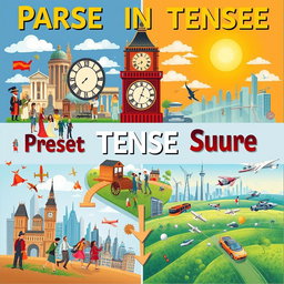 An artistic representation showing various tenses in English language: past, present, and future