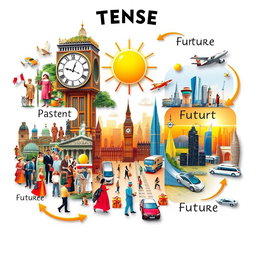 An artistic representation showing various tenses in English language: past, present, and future