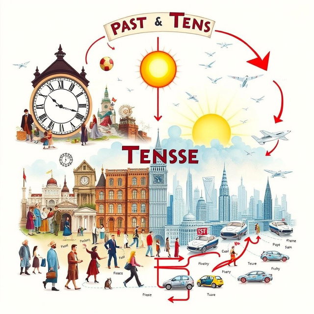 An artistic representation showing various tenses in English language: past, present, and future