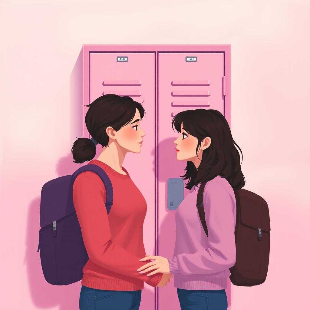 A minimalist and simple painting of a woman and a man making direct eye contact in front of a pink and purple school locker