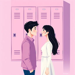 A minimalist and simple painting of a woman and a man making direct eye contact in front of a pink and purple school locker