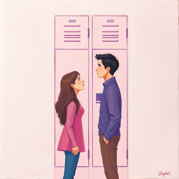 A minimalist and simple painting of a woman and a man making direct eye contact in front of a pink and purple school locker