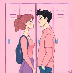A minimalist and simple painting of a woman and a man making direct eye contact in front of a pink and purple school locker