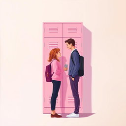A minimalist and simple painting of a woman and a man making direct eye contact in front of a pink and purple school locker