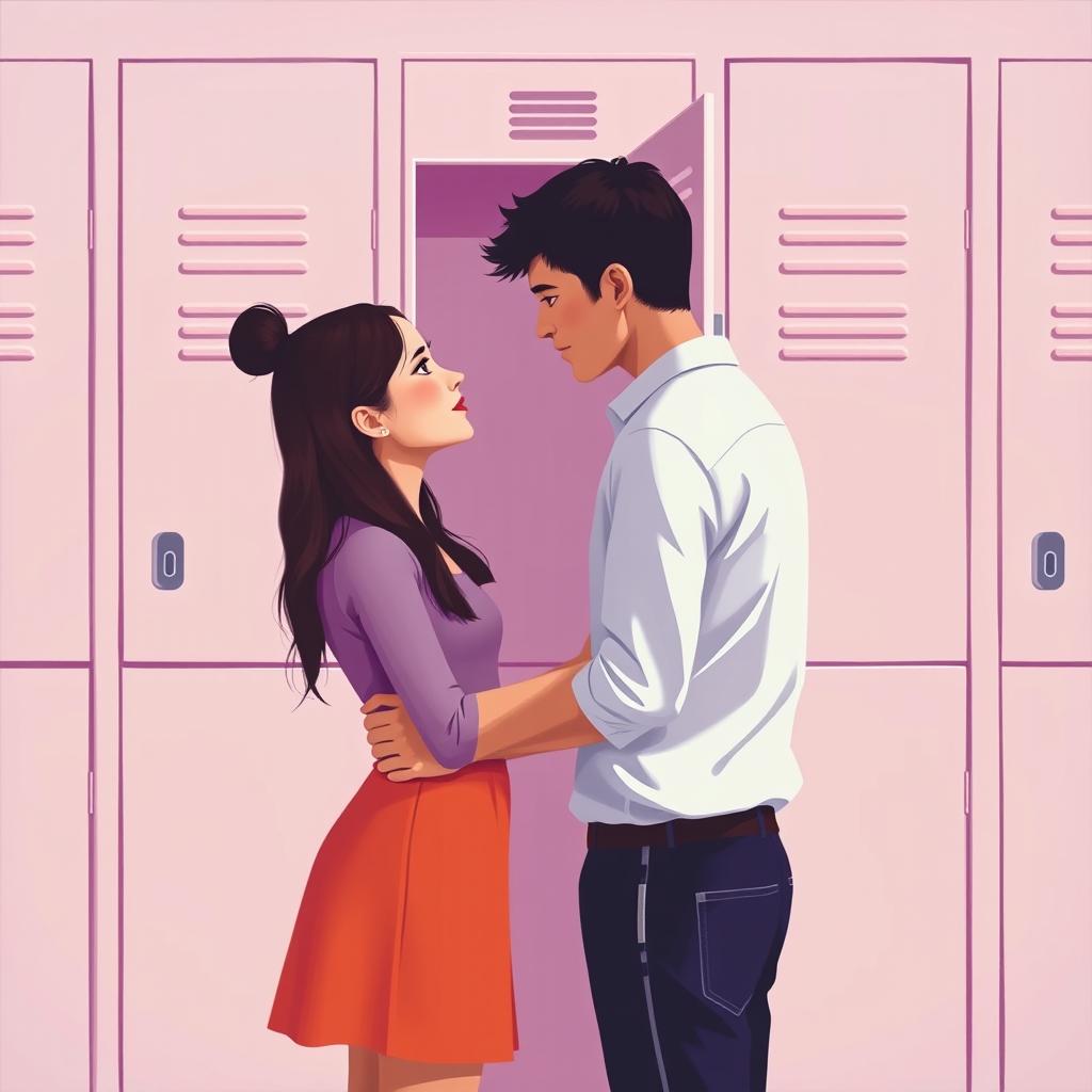 A minimalist and simple painting of a woman and a man making direct eye contact in front of a pink and purple school locker