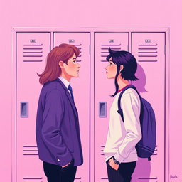 A minimalist and simple painting of a woman and a man making direct eye contact in front of a pink and purple school locker