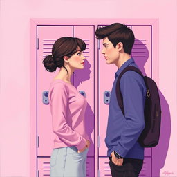 A minimalist and simple painting of a woman and a man making direct eye contact in front of a pink and purple school locker