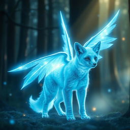 A glowing blue angelic beast that combines the distinctive features of a fennec fox and a bear, showcasing long, radiant wings that emit a soft blue light