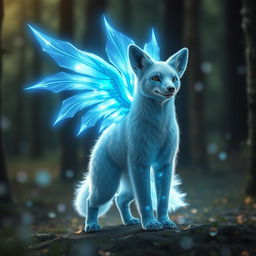 A glowing blue angelic beast that combines the distinctive features of a fennec fox and a bear, showcasing long, radiant wings that emit a soft blue light