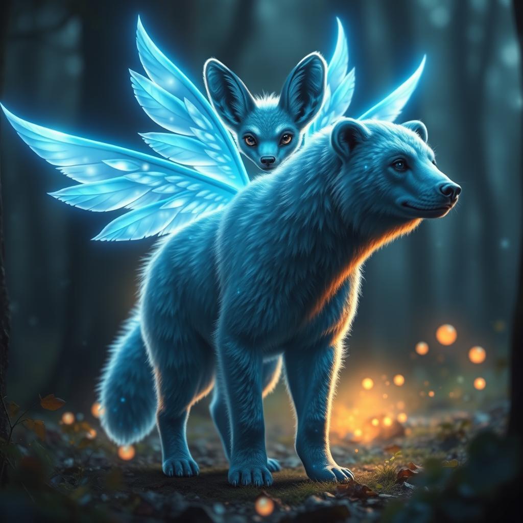 A glowing blue angelic beast that combines the distinctive features of a fennec fox and a bear, showcasing long, radiant wings that emit a soft blue light