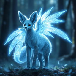 A glowing blue angelic beast that combines the distinctive features of a fennec fox and a bear, showcasing long, radiant wings that emit a soft blue light