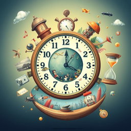 A visually engaging illustration that depicts the concept of time in various tenses, featuring a whimsical clock with different sections representing past, present, and future