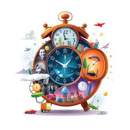 A visually engaging illustration that depicts the concept of time in various tenses, featuring a whimsical clock with different sections representing past, present, and future