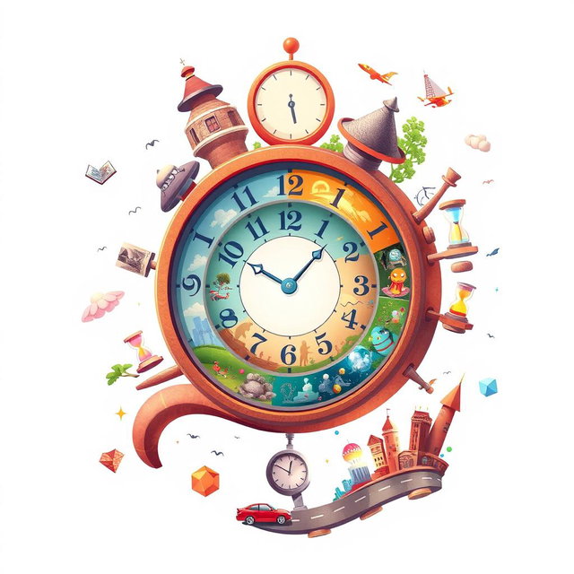A visually engaging illustration that depicts the concept of time in various tenses, featuring a whimsical clock with different sections representing past, present, and future