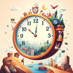 A visually engaging illustration that depicts the concept of time in various tenses, featuring a whimsical clock with different sections representing past, present, and future