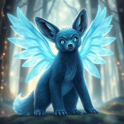 A glowing blue angelic beast that showcases a harmonious blend of a fennec fox and a bear, featuring beautifully detailed large wings radiating a soft blue light