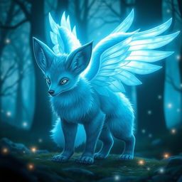 A glowing blue angelic beast that showcases a harmonious blend of a fennec fox and a bear, featuring beautifully detailed large wings radiating a soft blue light