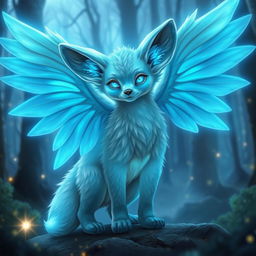 A glowing blue angelic beast that showcases a harmonious blend of a fennec fox and a bear, featuring beautifully detailed large wings radiating a soft blue light