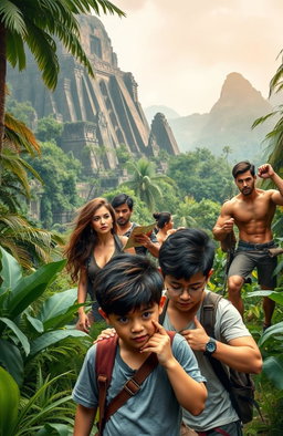 A thrilling scene featuring a group of diverse adventurers on a quest to find ancient artifacts in a lush jungle, with a backdrop of towering ancient ruins and vibrant flora