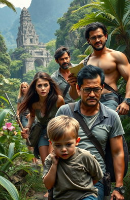 A thrilling scene featuring a group of diverse adventurers on a quest to find ancient artifacts in a lush jungle, with a backdrop of towering ancient ruins and vibrant flora