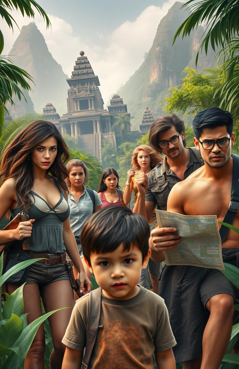 A thrilling scene featuring a group of diverse adventurers on a quest to find ancient artifacts in a lush jungle, with a backdrop of towering ancient ruins and vibrant flora