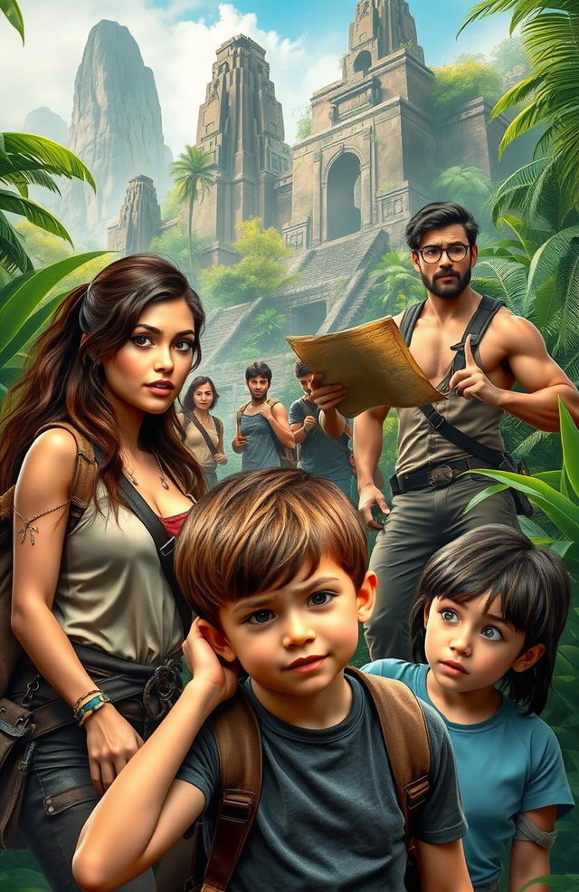 A thrilling scene featuring a group of diverse adventurers on a quest to find ancient artifacts in a lush jungle, with a backdrop of towering ancient ruins and vibrant flora