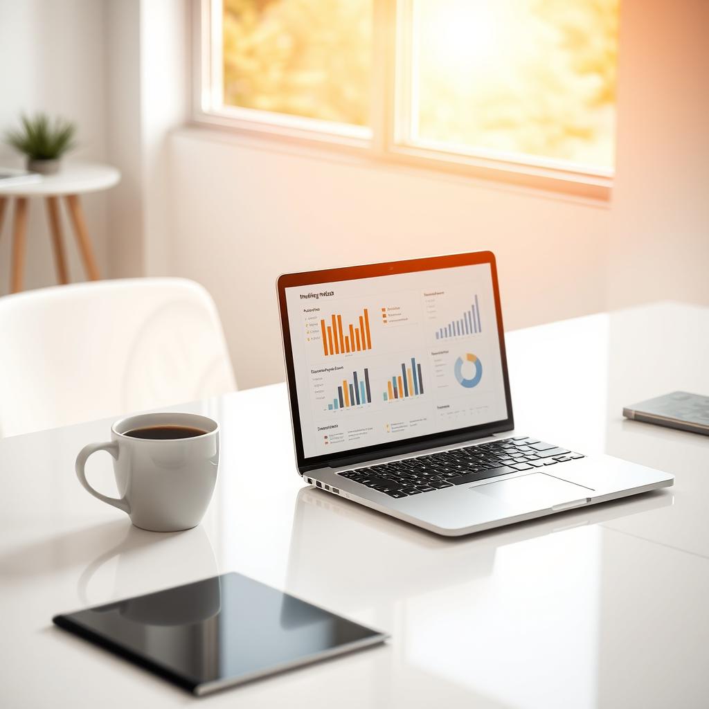 A bright, modern workspace featuring a clean desk with an open laptop displaying engaging graphs and charts