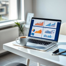 A bright, modern workspace featuring a clean desk with an open laptop displaying engaging graphs and charts