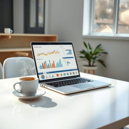 A bright, modern workspace featuring a clean desk with an open laptop displaying engaging graphs and charts