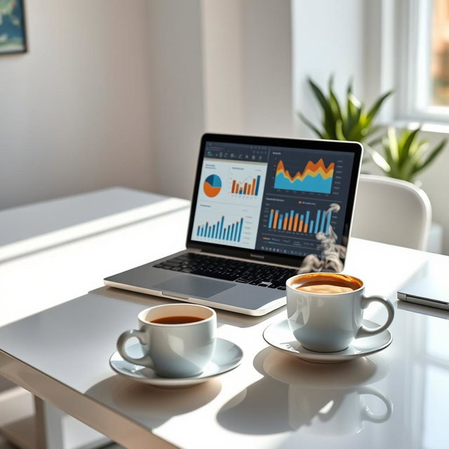 A bright, modern workspace featuring a clean desk with an open laptop displaying engaging graphs and charts