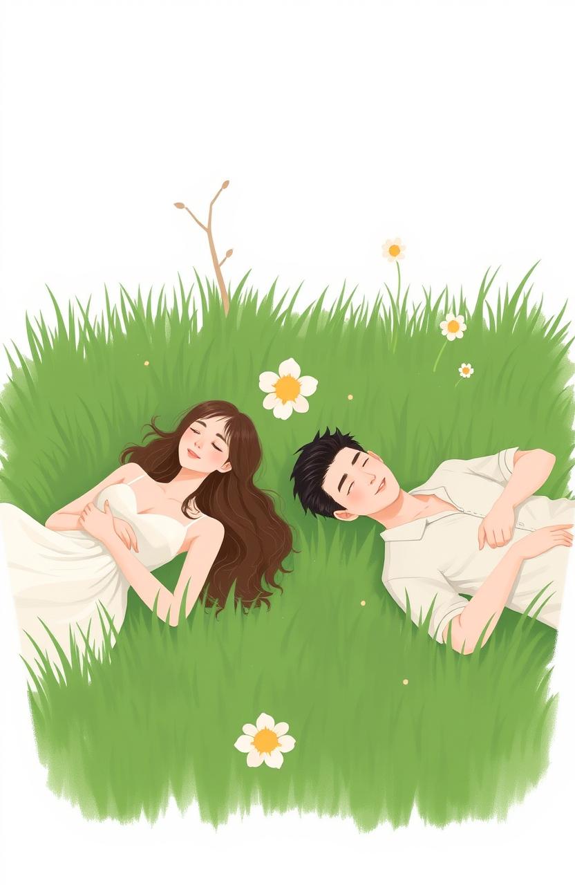 A minimalist and simple painting of a woman and a man laying down in lush green grass
