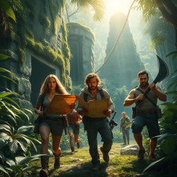 A dynamic scene depicting a group of adventurous explorers on a thrilling quest for ancient artifacts in a dense, mysterious jungle