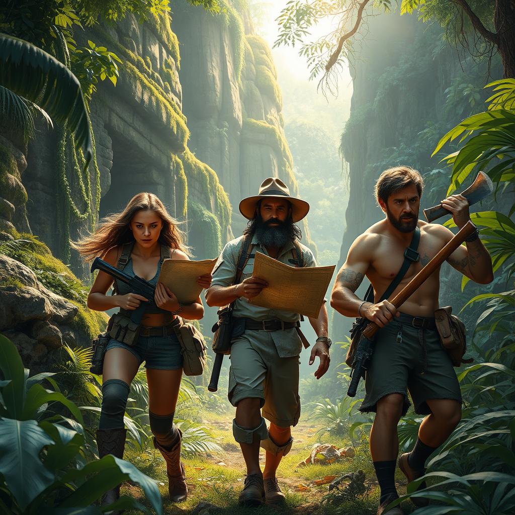 A dynamic scene depicting a group of adventurous explorers on a thrilling quest for ancient artifacts in a dense, mysterious jungle