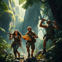 A dynamic scene depicting a group of adventurous explorers on a thrilling quest for ancient artifacts in a dense, mysterious jungle