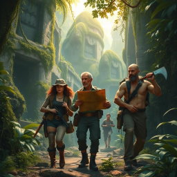 A dynamic scene depicting a group of adventurous explorers on a thrilling quest for ancient artifacts in a dense, mysterious jungle