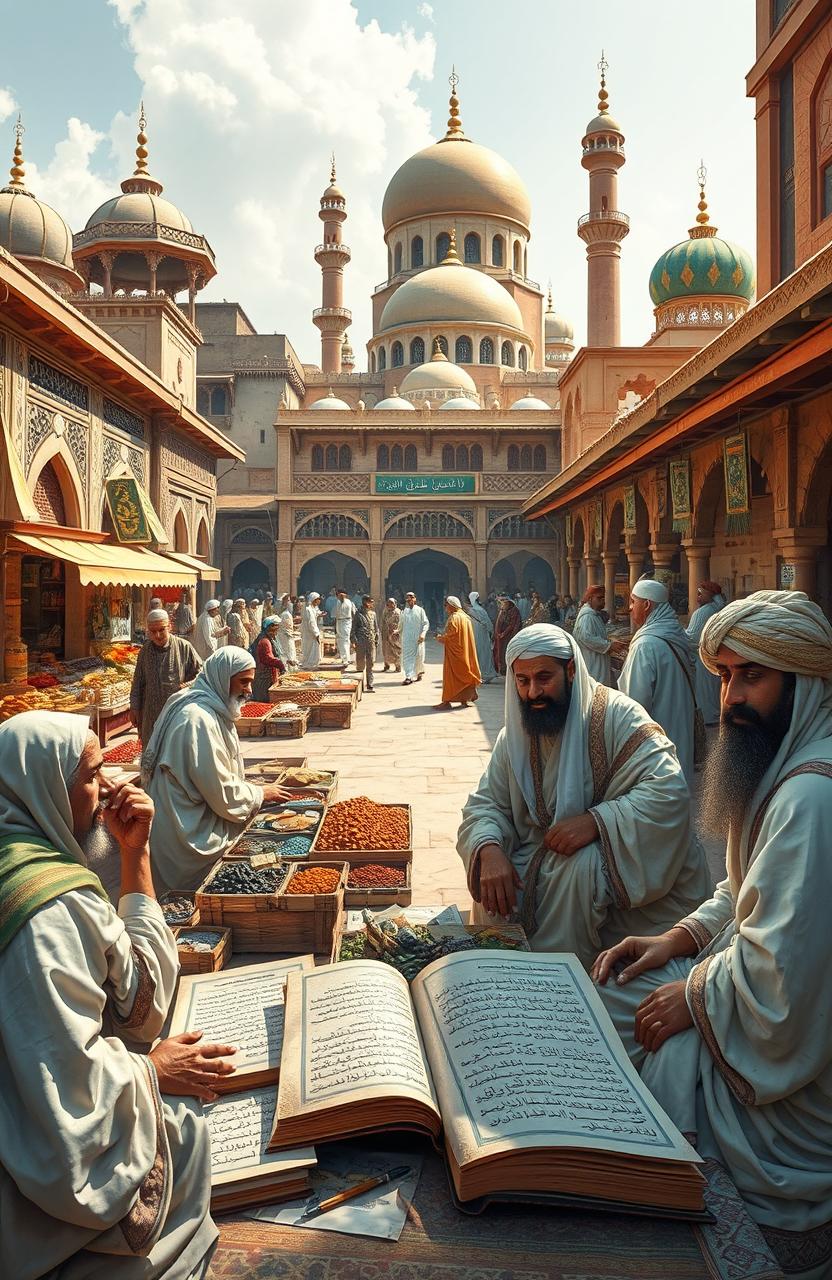 A detailed and vibrant depiction of Islamic economics concepts, showcasing a bustling market scene with traditional Middle Eastern architecture in the background, people engaging in trade, a variety of goods reflecting Islamic culture such as spices, textiles, and handicrafts