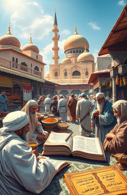 A detailed and vibrant depiction of Islamic economics concepts, showcasing a bustling market scene with traditional Middle Eastern architecture in the background, people engaging in trade, a variety of goods reflecting Islamic culture such as spices, textiles, and handicrafts