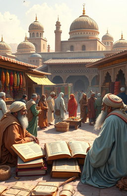 A detailed and vibrant depiction of Islamic economics concepts, showcasing a bustling market scene with traditional Middle Eastern architecture in the background, people engaging in trade, a variety of goods reflecting Islamic culture such as spices, textiles, and handicrafts