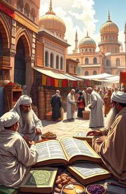 A detailed and vibrant depiction of Islamic economics concepts, showcasing a bustling market scene with traditional Middle Eastern architecture in the background, people engaging in trade, a variety of goods reflecting Islamic culture such as spices, textiles, and handicrafts